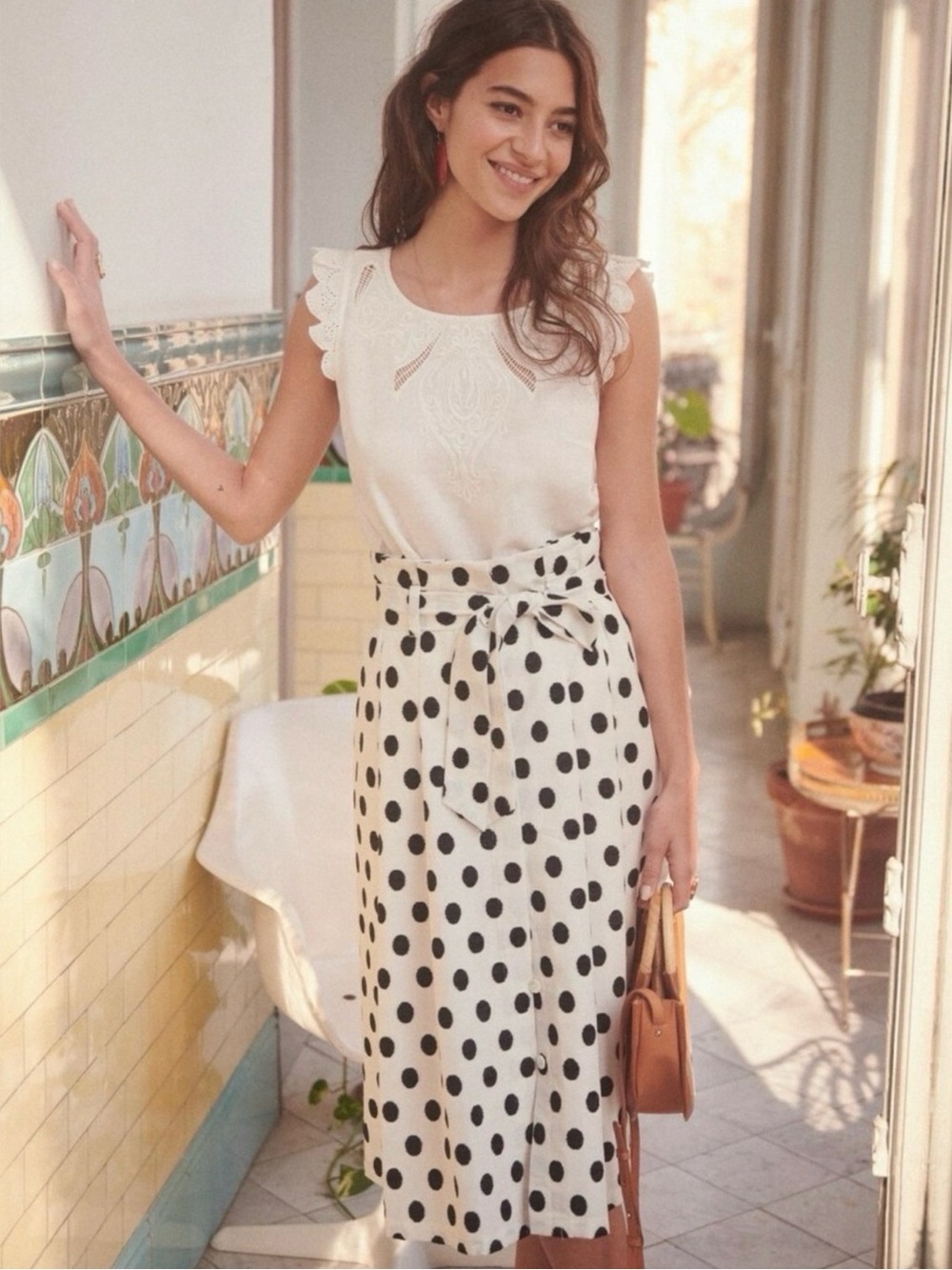 SEZANE • Amanda midi skirt black white polka dots tie waist size 36 4
